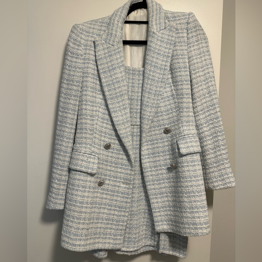 Zara Baby Blue & White Tweed Dress/Blazer Set - Size Small